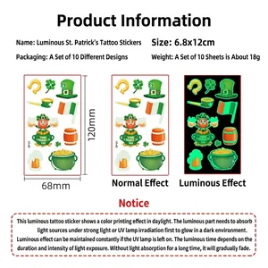 Luminous St. Patrick's Day tattoo stickers with clovers and leprechauns for parties