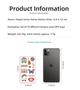Size comparison of Hippie Peace waterproof tattoo stickers next to a mobile phone