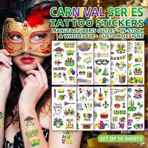 10 Sheets Mardi Gras Temporary Tattoo Stickers For Carnival Masquerade Party Purple Green Gold Mask Crown Pattern Fake Tattoos