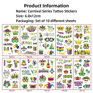 Set of 10 Mardi Gras temporary tattoos featuring masks, instruments, and festive designs