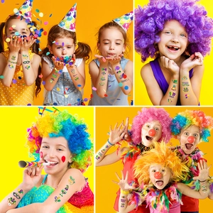 Kids Mardi Gras temporary carnival tattoos with colorful masks and fleur-de-lis designs