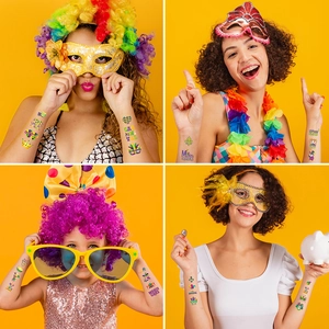 Colorful Mardi Gras carnival temporary tattoos with masks and crowns for festival party