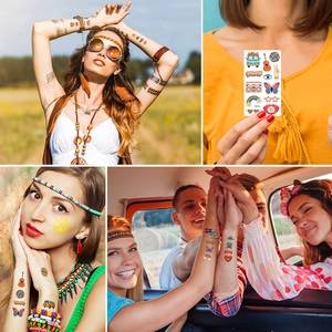 Hippie peace temporary tattoos set with retro rainbow and van patterns for party