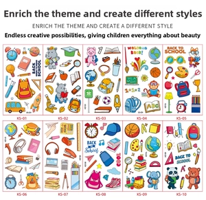 Grid view of 10 cartoon waterproof temporary tattoo sticker sets for back to school season