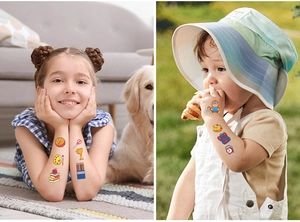 Detail of school-themed waterproof temporary tattoos with cartoon stationery for kids