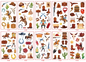 Detailed grid of 10 western cowboy temporary stickers including horses and sheriff stars