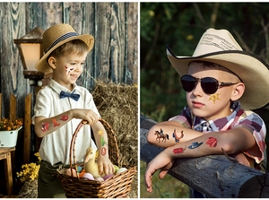 Close-up of cowboy theme waterproof temporary tattoos applied to child's skin
