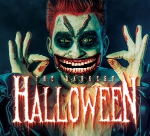 Detail of horror clown costume with bloody white gloves and realistic prosthetic mouth