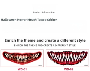 Detailed size specifications for scary Halloween mouth tattoo stickers WD-01 and WD-02