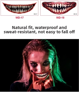 Macro detail of waterproof Halloween scary mouth tattoo stickers with realistic teeth designs