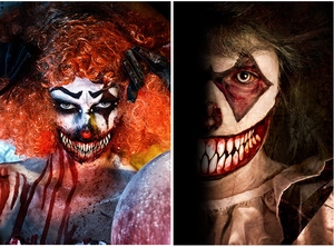 Detail of Halloween scary clown mouth tattoo stickers with realistic bloody teeth effect