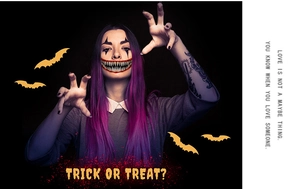 Detail of Halloween scary mouth tattoo sticker with clown teeth and eye makeup on face