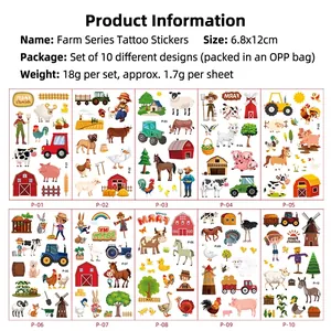 Cartoon farm animals temporary tattoos for kids including tractors and livestock 10 sheets