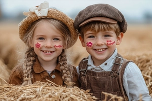 Detail of pink cowgirl temporary facial tattoos on children with star and lip patterns