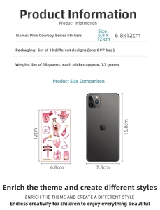 Pink cowgirl temporary tattoos showing 6.8x12cm size comparison next to a phone
