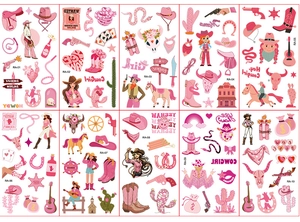 Pink western cowgirl temporary tattoo sheets featuring horses boots and hats