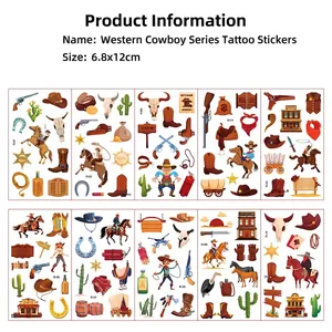 Set of 10 western cowboy temporary tattoos for kids with sheriff badges and hats stickers