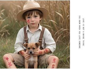 Kid applying pink cowboy temporary tattoos featuring western cacti and boots on a sunny lawn