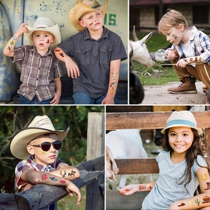 Kids western cowboy temporary tattoo stickers featuring horses, boots, and sheriff badges