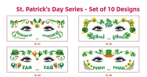 Detail showing 4 different St. Patrick's Day temporary face tattoo designs with shamrocks