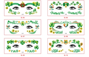 Detailed set of 6 St. Patrick's Day face tattoos featuring shamrocks and rainbow designs