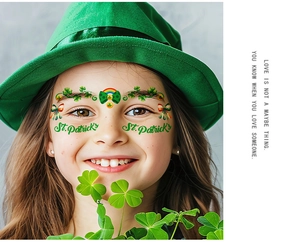 Detail of St. Patrick's Day shamrock temporary facial tattoos on a person face