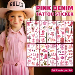Temporary Tattoo Stickers Pink Western Cowboy Theme Waterproof Sweatproof Novelty Body Art For Kids Girls