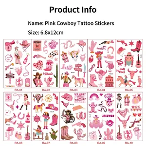 Set of 10 pink cowboy temporary tattoos for kids with boots and hat designs 6.8x12cm