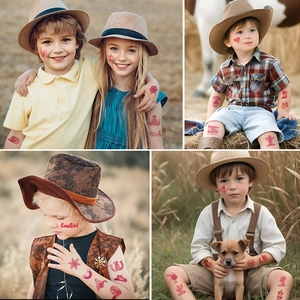 Pink cowgirl temporary tattoos for kids featuring western hats, horseshoes and stars