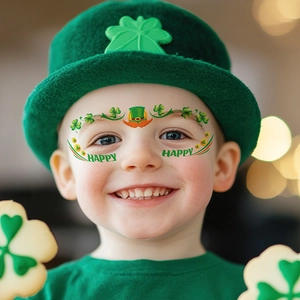 St. Patrick's Day shamrock temporary face tattoos for kids featuring green clover designs