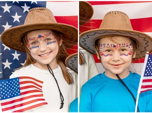 Close-up of USA patriotic temporary face tattoos for Independence Day party celebrations