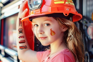 Close-up of fire truck and firefighter temporary tattoos on a child skin during play