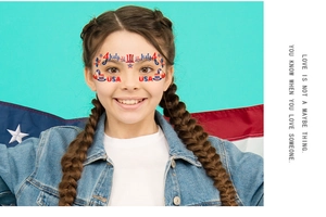 Detail of USA Independence Day face tattoos featuring stars, stripes, and 4th of July motifs