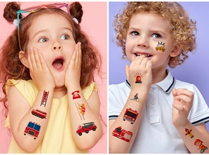 Kids fire truck temporary tattoos on arms and face showing vivid rescue themes