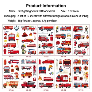 Set of 10 waterproof cartoon fire truck temporary tattoos for kids 6.8x12cm