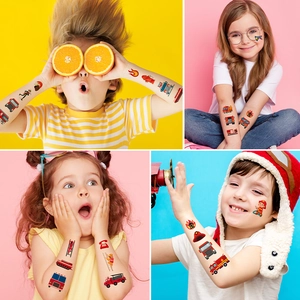 Vibrant fire truck cartoon temporary tattoos for kids featuring rescue vehicles and firemen