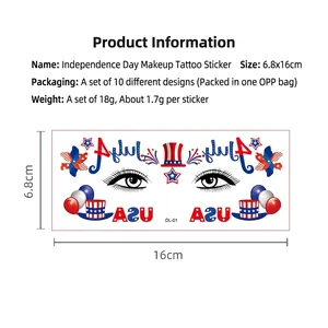USA Independence Day face tattoos featuring flag patterns and stars, set of 10 sheets