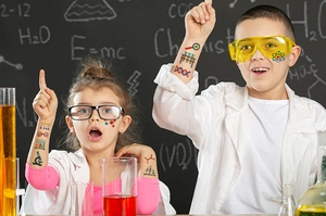 Detailed science lab stickers for kids featuring DNA, atoms and lab equipment illustrations