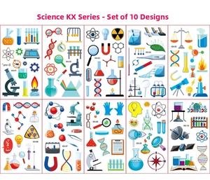 Detailed collection of 10 science-themed waterproof stickers with lab equipment icons