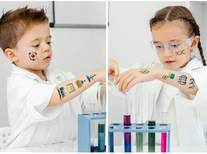 Kids scientific experiment tattoos featuring DNA and microscope designs on a child's arm