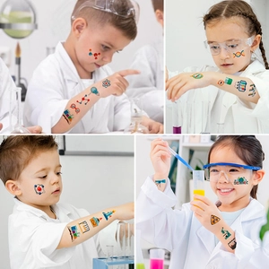 Children science lab temporary tattoos with microscope and chemical flask designs