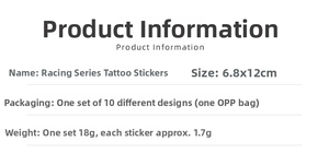Spécifications détaillées du produit pour tatouages de course, taille et poids inclus