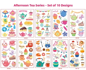 Detailed grid of 10 waterproof cartoon tea time tattoos featuring cupcakes and tea sets