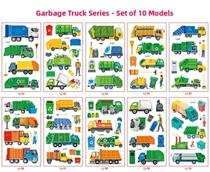 Detailed grid showing 10 cartoon sanitation truck and trash bin waterproof stickers for kids