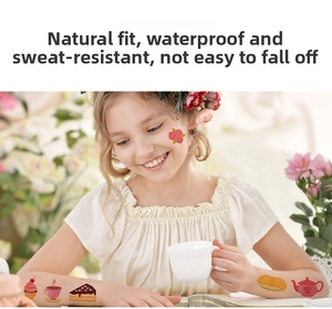 Waterproof cartoon afternoon tea tattoo stickers for kids showing cakes and tea on skin