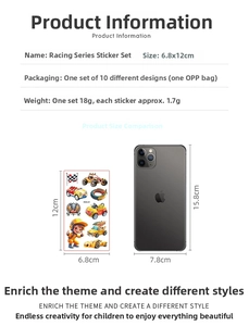 Racing car tattoo stickers set size comparison with smartphone and packaging details