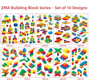 Catalogue détaillé présentant 10 modèles de blocs de construction colorés pour enfants