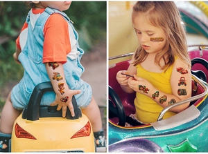 Detailed view of children's waterproof racing car temporary stickers on skin