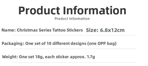 Detailed size specifications for Christmas tattoo stickers, 6.8x12cm, pack of 10 sheets