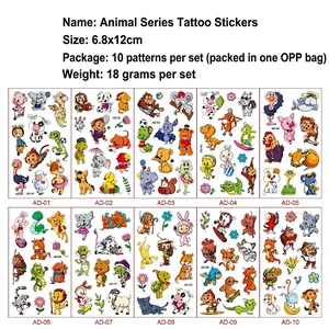 Set of 10 waterproof cartoon animal temporary tattoos for kids featuring lions and tigers